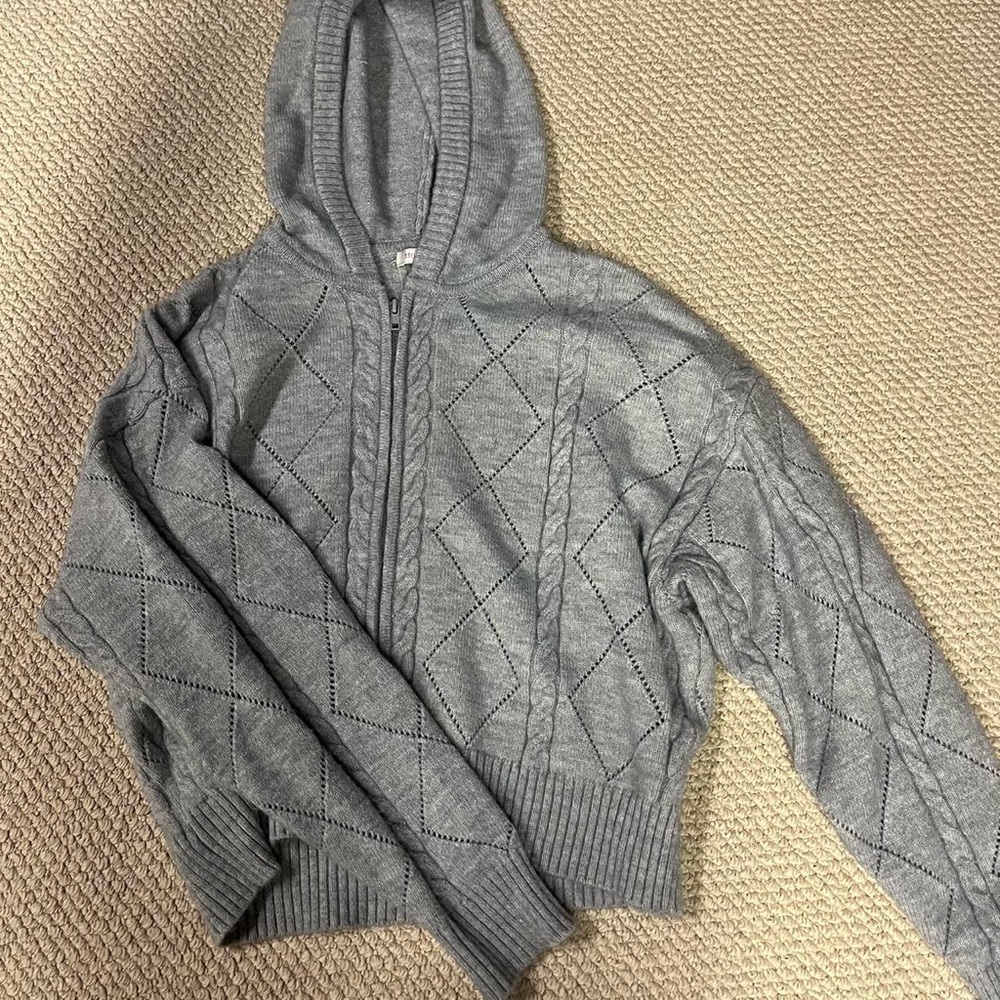 Gray Hooded Cable Knit Sweater